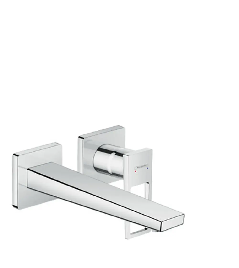 Hansgrohe-Waschtischmischer für Wandmontage mit auslaufendem Wasserhahn und einem Bügelgriff in poliertem Chrom. Minimalistisches Design mit klaren Linien.